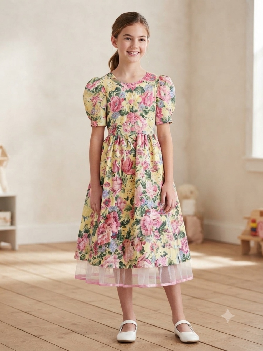 Girls Floral Puff Sleeve Dress with Tulle Hem Size 10-12